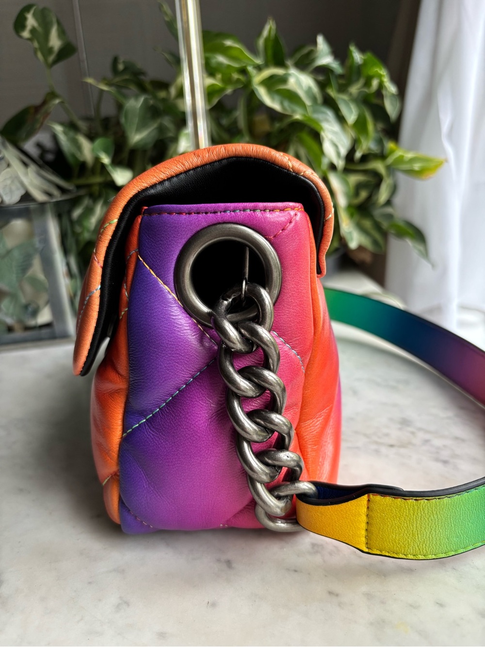 Kurt Geiger Rainbow Quilted Shoulder Bag - Green Blue Purple Pink Orange Red - Picture 4 of 10